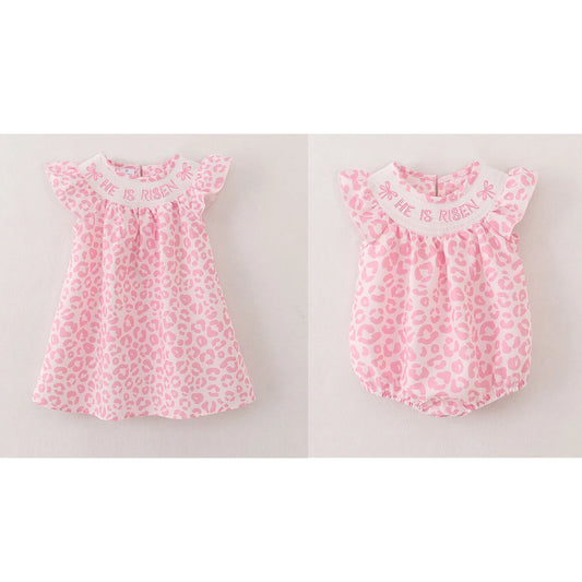 PREORDER 3.2 SISTERS HE IS RISEN EMBROIDERED PINK LEOPARD SMOCKED ROMPER/DRESS