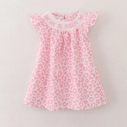 PREORDER 3.2 SISTERS HE IS RISEN EMBROIDERED PINK LEOPARD SMOCKED ROMPER/DRESS