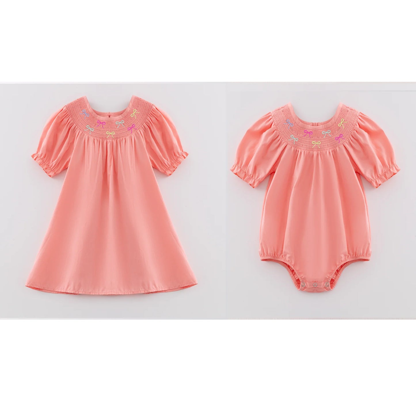 PREORDER 3.0 SISTERS COQUETTE EMBROIDERED CORAL SMOCKED DRESS/BUBBLE