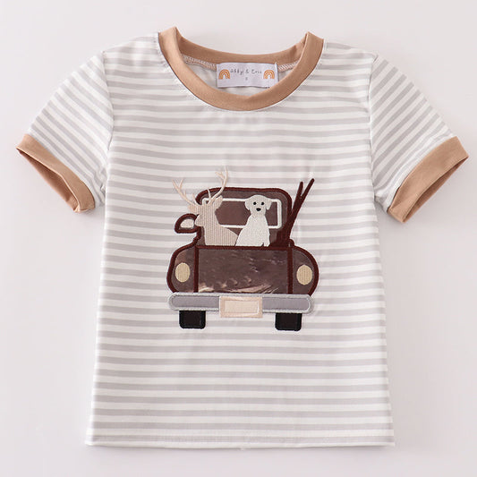 Hunting Truck Applique Brown Stripe Boy Top