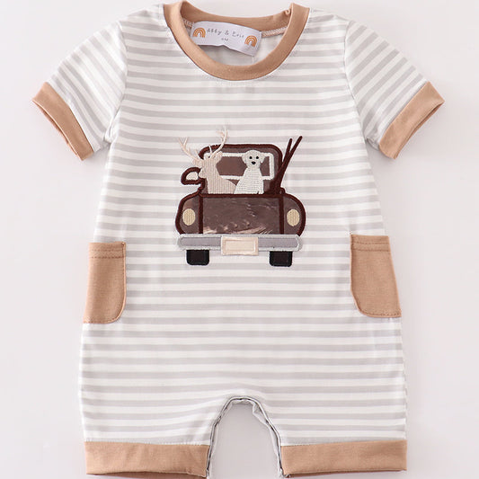 Hunting Truck Applique Brown Stripe Boy Romper