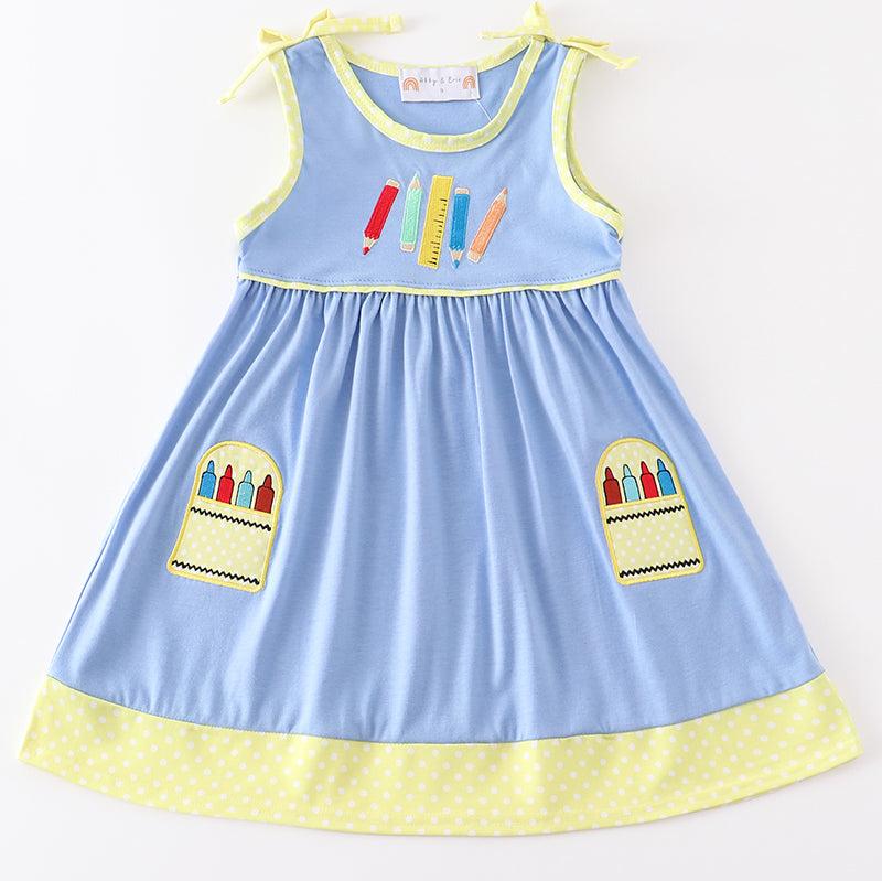 Crayon Embroidered Blue Strap Dress