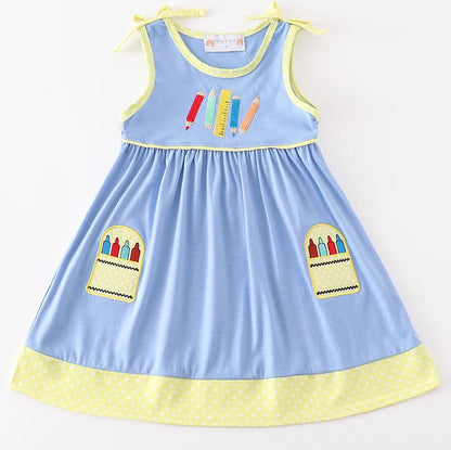 Crayon Embroidered Blue Strap Dress