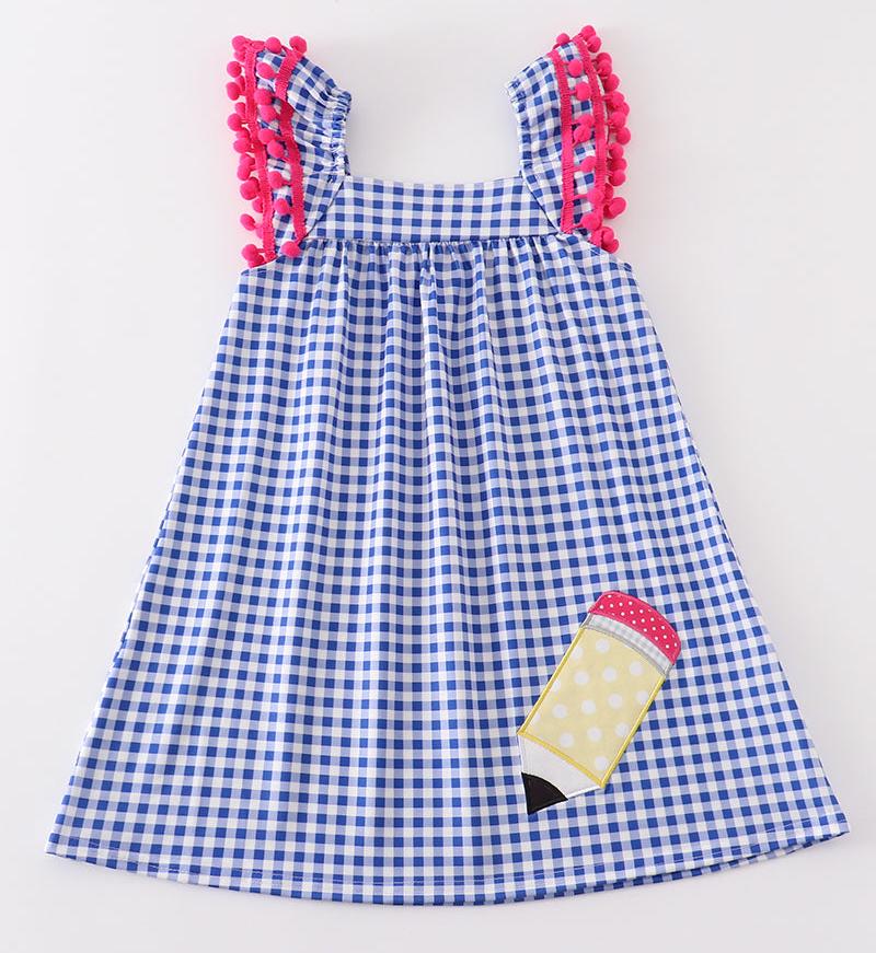 Pencil Applique Blue Plaid Dress