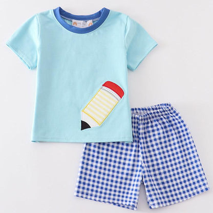 Pencil Applique Blue Boy Shorts Set