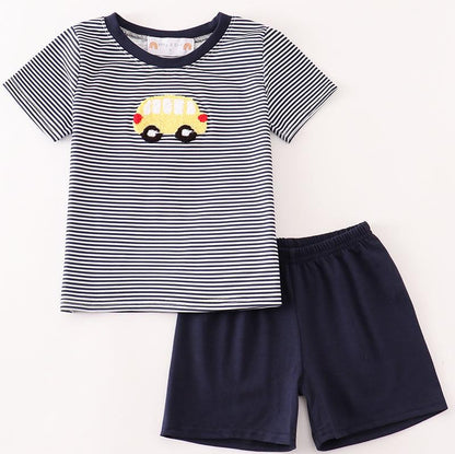 School Bus French Knot Navy Stripe Boy Set