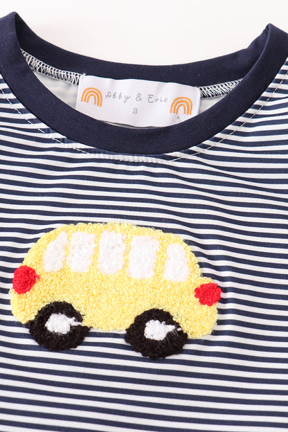 School Bus French Knot Navy Stripe Boy Set