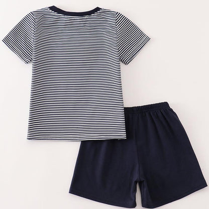 School Bus French Knot Navy Stripe Boy Set