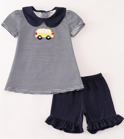 School Bus French Knot Navy Stripe Girl Set