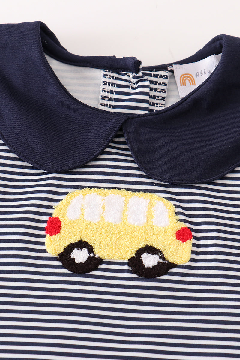 School Bus French Knot Navy Stripe Girl Set