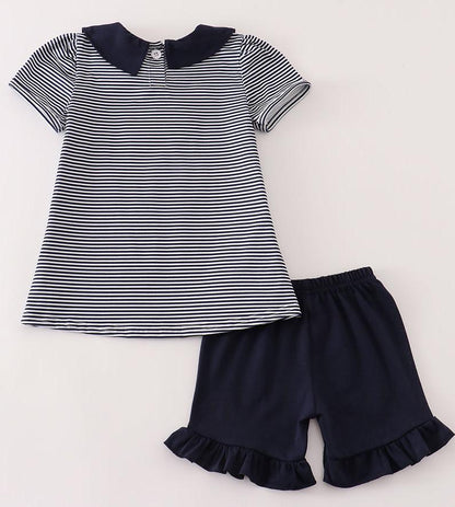 School Bus French Knot Navy Stripe Girl Set