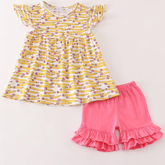 Yellow Pencil Print Girl Ruffle Set