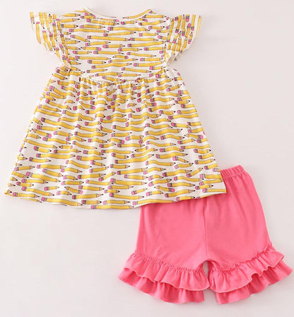 Yellow Pencil Print Girl Ruffle Set