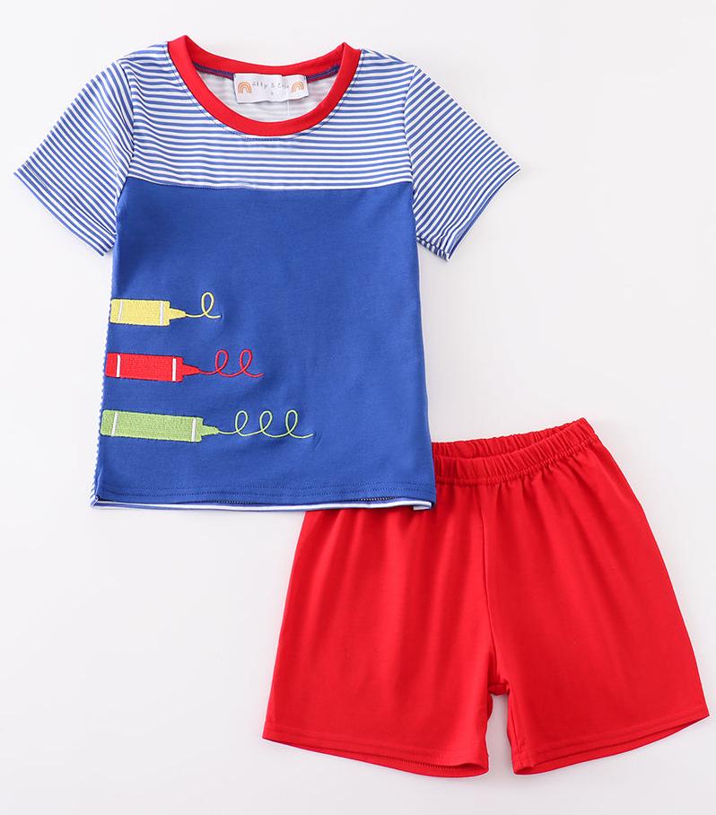 Crayon Embroidered Blue Boy Set