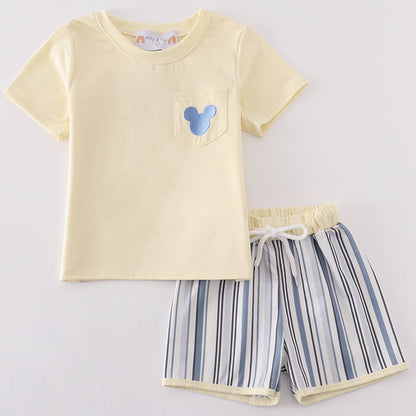 Mouse Character Embroidered Stripe Boy Shorts Set