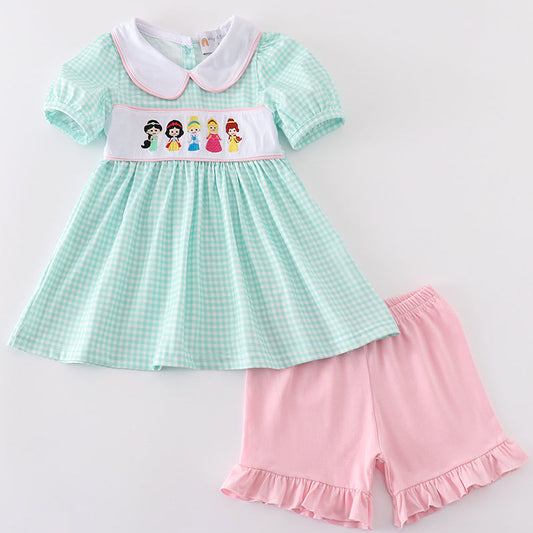 Princess Embroidered Green Gingham Girl Shorts Set