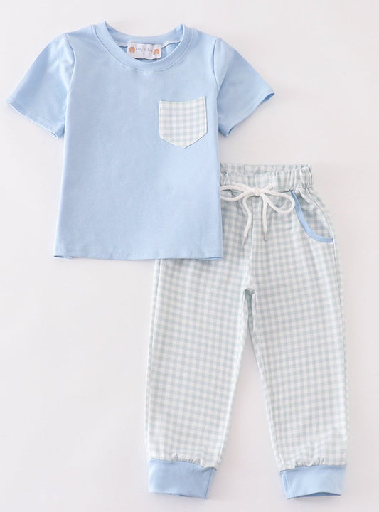 Ryker Blue Gingham Boy Pants Set