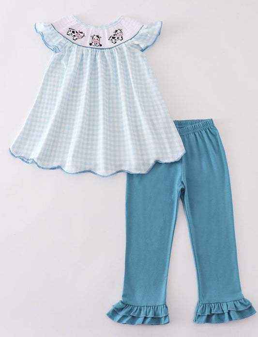 Blue Gingham Cow Embroidered Smocked Girl Set