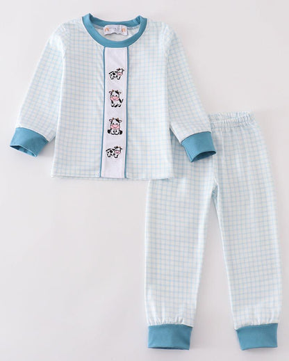 Blue Gingham Cow Embroidered Boy Pajamas Set