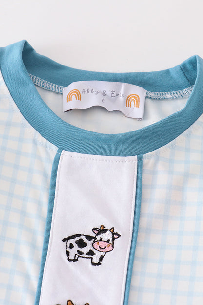 Blue Gingham Cow Embroidered Boy Pajamas Set