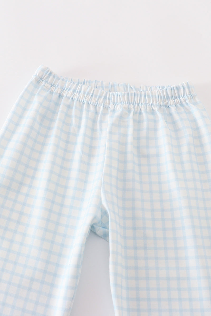 Blue Gingham Cow Embroidered Boy Pajamas Set