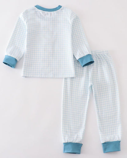 Blue Gingham Cow Embroidered Boy Pajamas Set