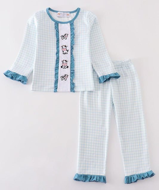 Blue Gingham Cow Embroidered Girl Pajamas Set