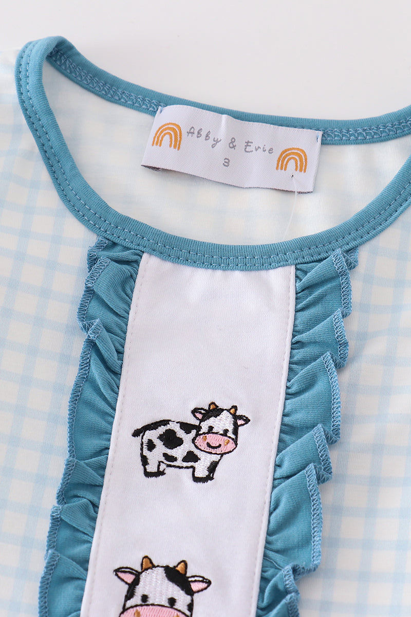 Blue Gingham Cow Embroidered Girl Pajamas Set