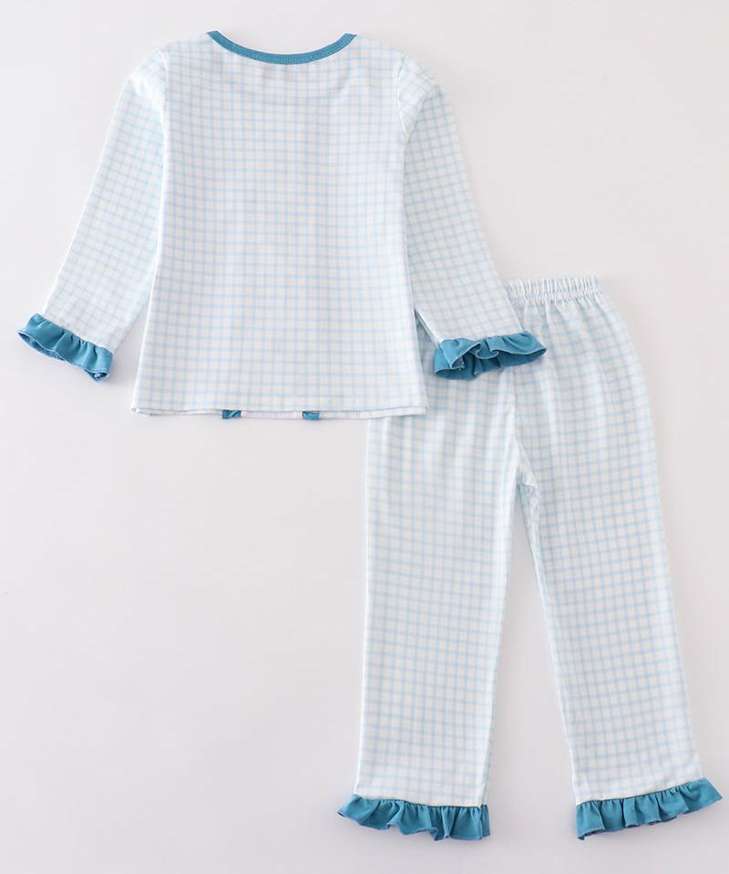 Blue Gingham Cow Embroidered Girl Pajamas Set