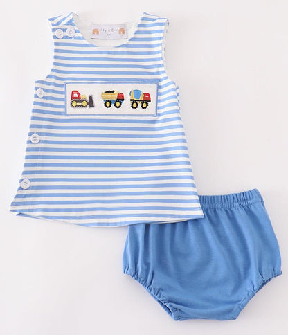 Blue Stripe Construction Trucks Embroidered Baby Set