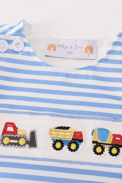 Blue Stripe Construction Trucks Embroidered Baby Set