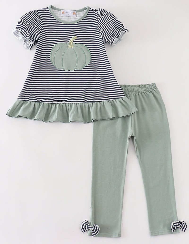 Sage Pumpkin Applique Stripe Girl Set