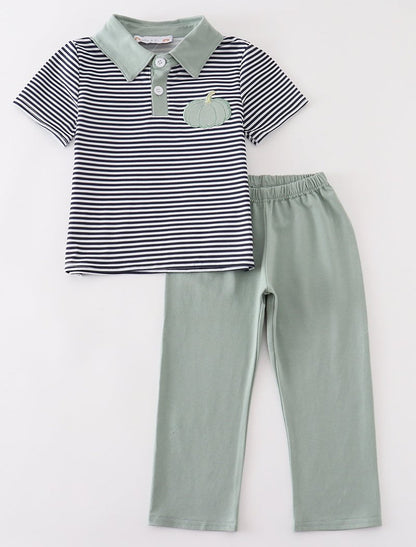 Sage Pumpkin Embroidered Stripe Boy Set