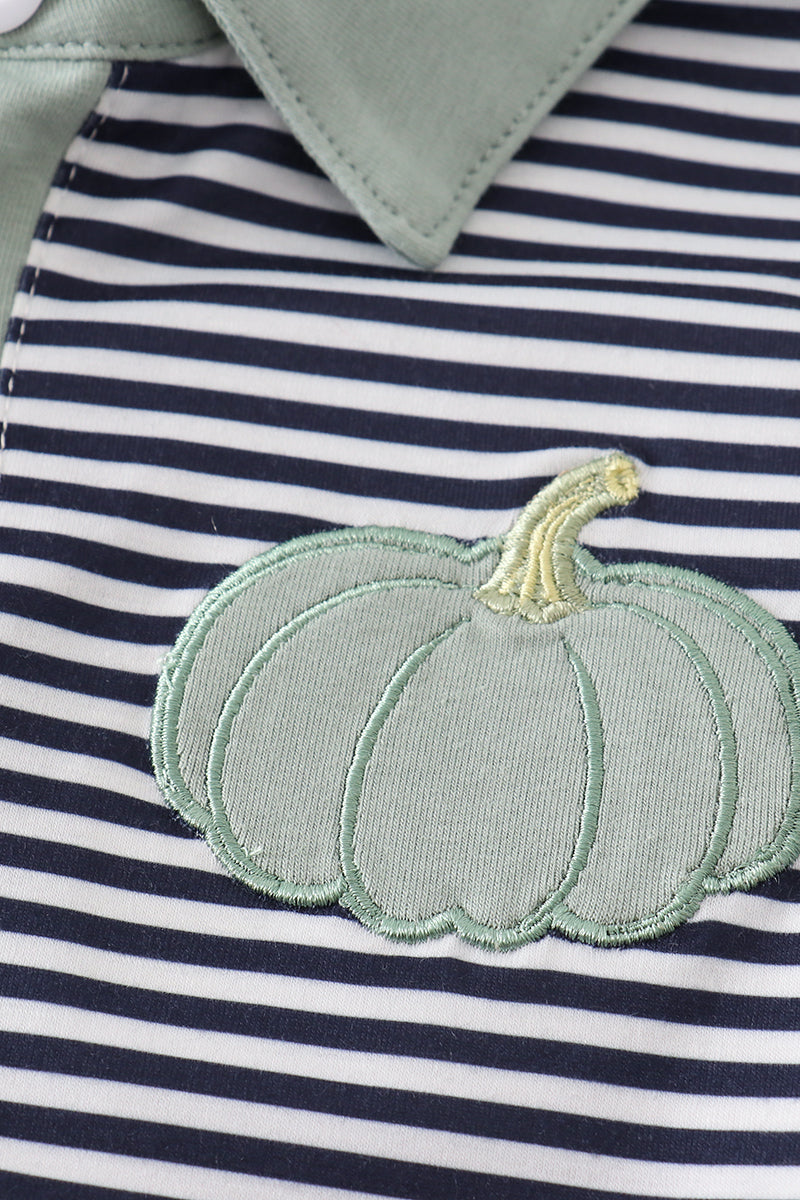 Sage Pumpkin Embroidered Stripe Boy Set