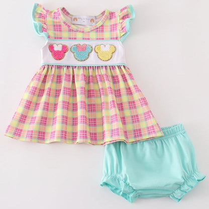 Candy Mouse French Knot Plaid Baby Girl Set