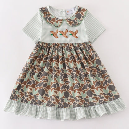 Camouflage Duck Embroidered Ruffle Dress