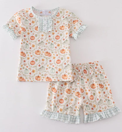 Pumpkin Print Plaid Ruffle Pajama Shorts Set