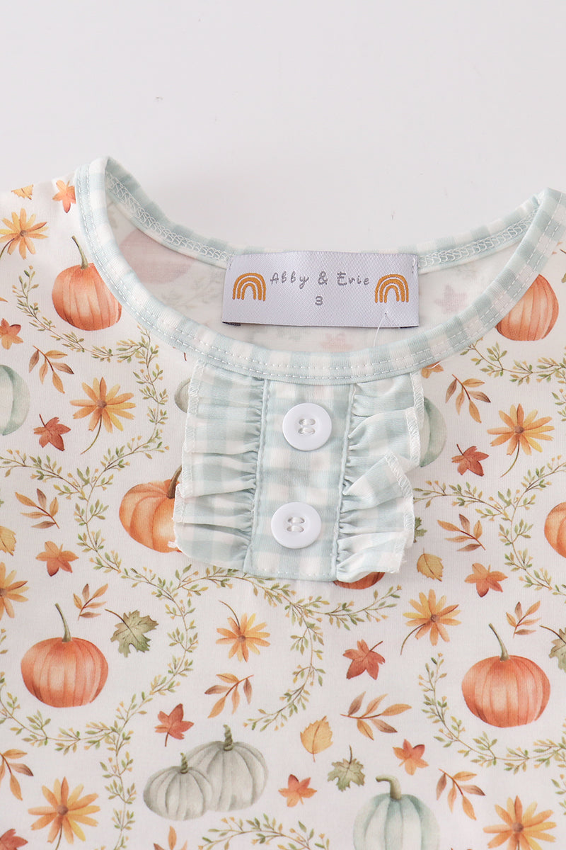 Pumpkin Print Plaid Ruffle Pajama Shorts Set