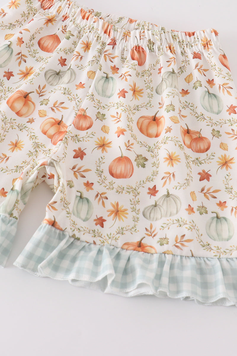 Pumpkin Print Plaid Ruffle Pajama Shorts Set