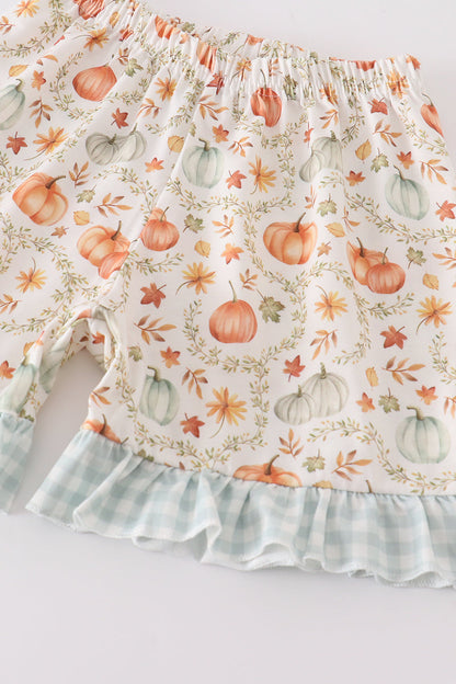 Pumpkin Print Plaid Ruffle Pajama Shorts Set