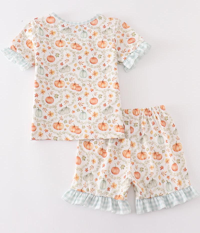 Pumpkin Print Plaid Ruffle Pajama Shorts Set