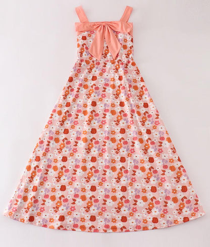 Pumpkin Floral Print Bow Women’s Dress