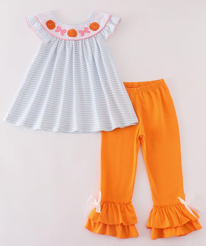 Blue Stripe Pumpkin Bows French Knot Girl Set