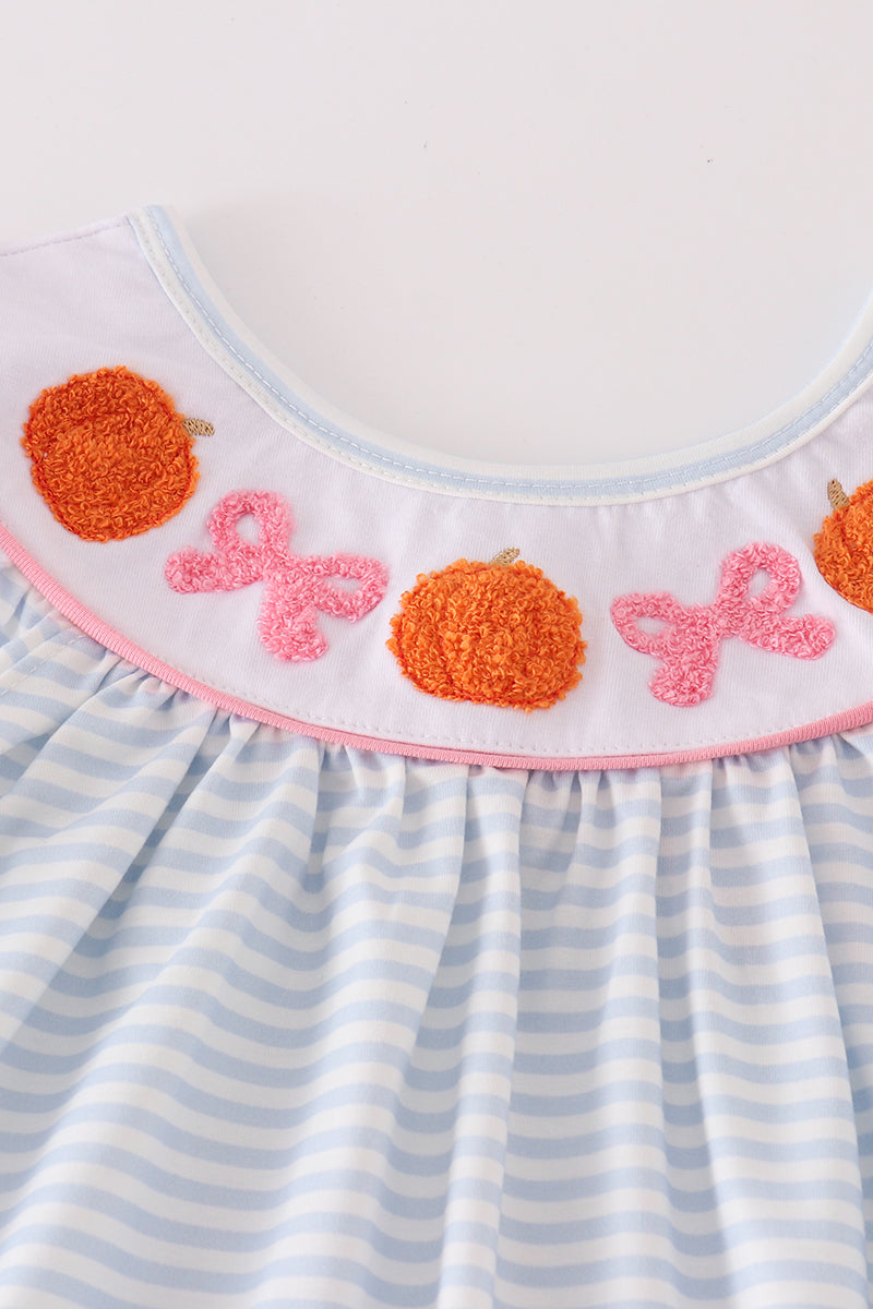 Blue Stripe Pumpkin Bows French Knot Girl Set