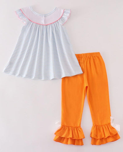 Blue Stripe Pumpkin Bows French Knot Girl Set