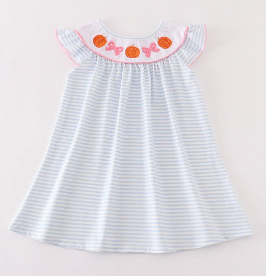 Blue Stripe Pumpkin Bows French Knot Dress