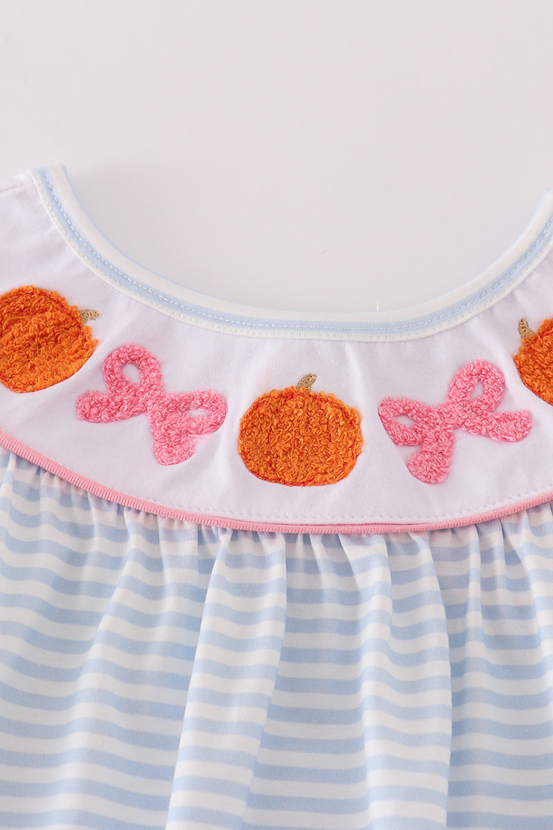 Blue Stripe Pumpkin Bows French Knot Dress