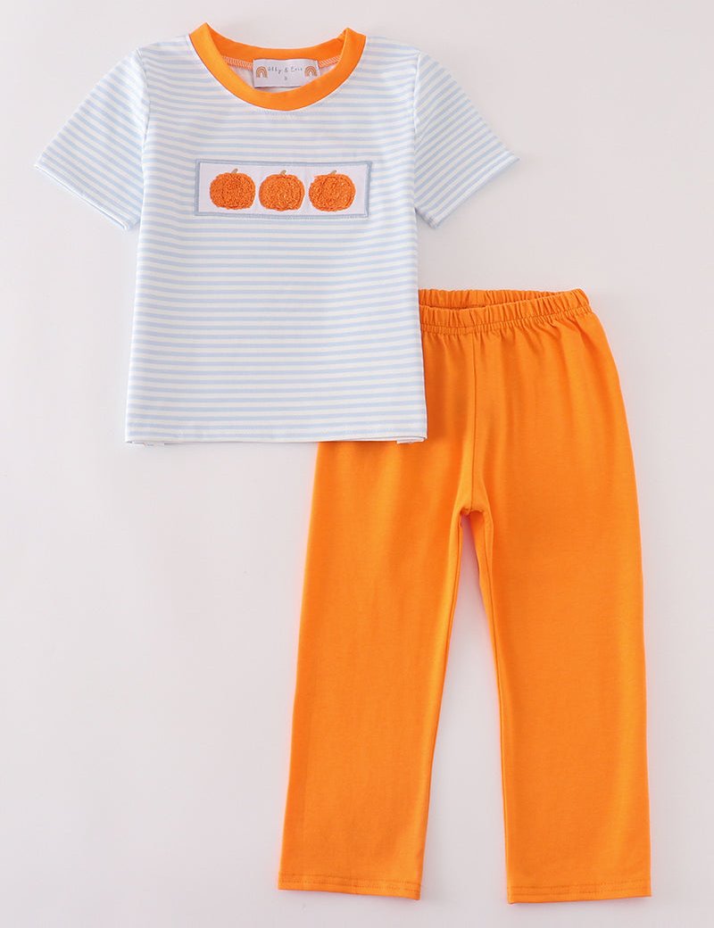 Blue Stripe Pumpkin French Knot Boy Set