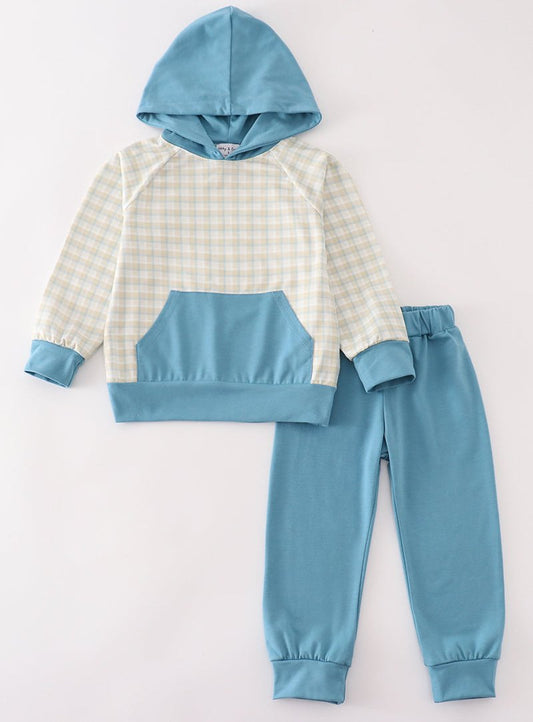 Teal Plaid Boy Hoodie Joggers Set