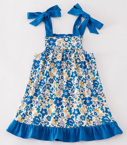 Cambria Blue Floral Print Ruffle Dress